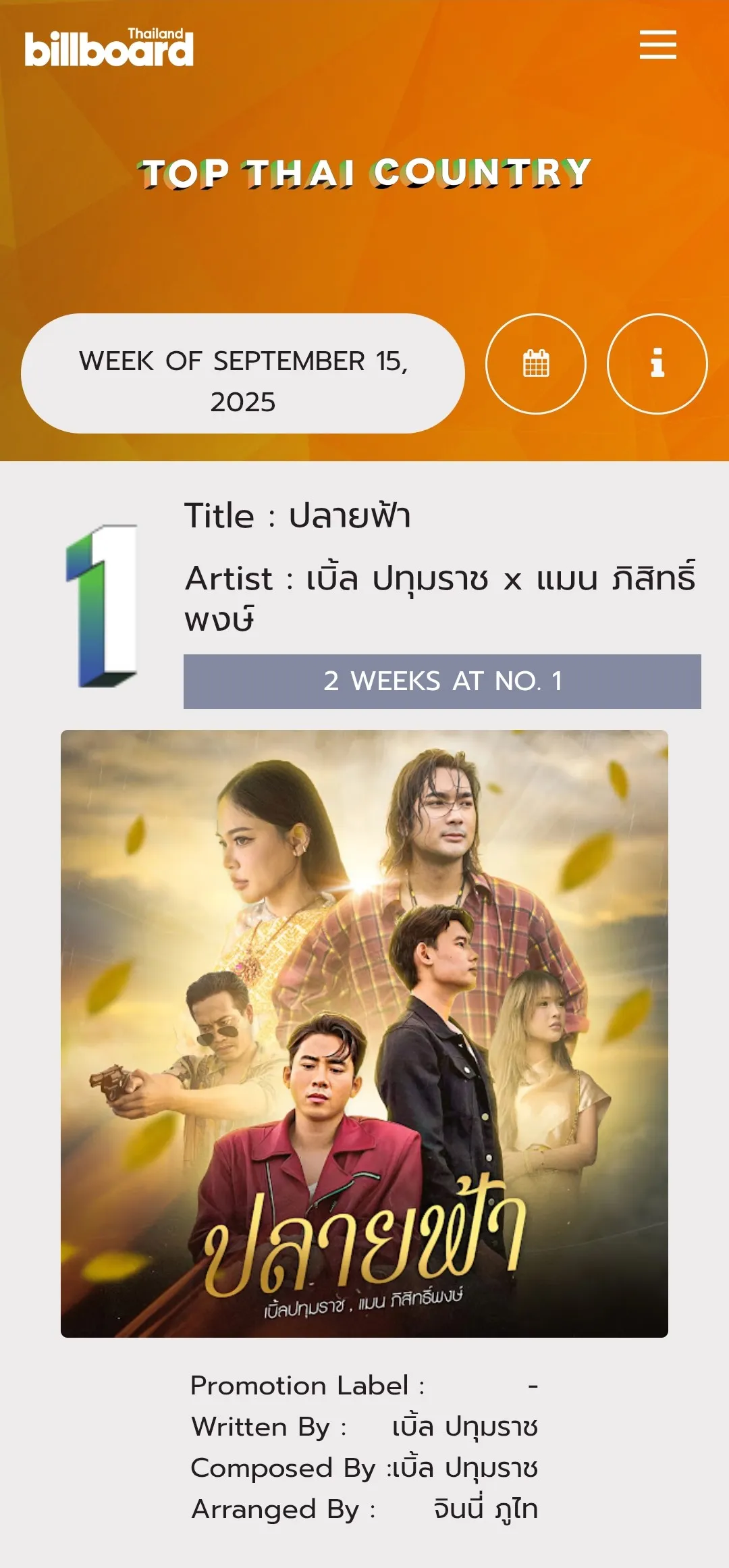 [Chart] BillboardTH • TOP 50 THAI COUNTRY • SEPTEMBER 15, 2025 [320 kbps]