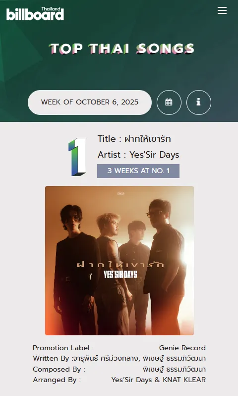 [Chart] BillboardTH • TOP 100 THAI SONGS • OCTOBER 6, 2025 [320 kbps]