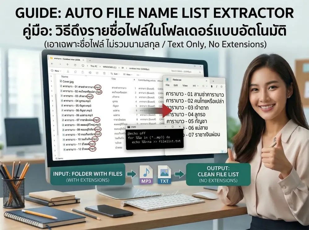 วิธีดึงรายชื่อไฟล์ในโฟลเดอร์แบบอัตโนมัติ (เอาเฉพาะชื่อไฟล์ ไม่รวมนามสกุล)