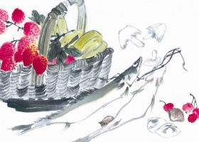 ภาพวาดภู่กันจีน สวยงามมาก ชุด พืชผัก ผลไม้ ปลา 1